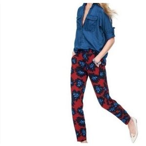 J. CREW Brick & Blue FIREWORK FLORAL PANTS Drapey Slim Straight Pull On Size 10
